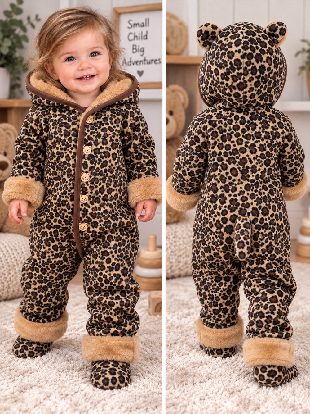 Milton Funwear faux fur lined leopard print outdoor onesie hood with ears & tail
